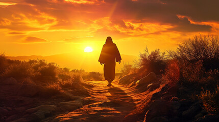 silhouette of Jesus walking into the sunset, generative AI - obrazy, fototapety, plakaty