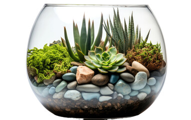 Glass Vase Filled With Plants and Rocks. The plants are thriving in the clear container, surrounded by the earthy rocks. on a White or Clear Surface PNG Transparent Background.