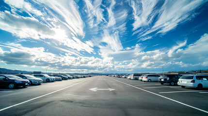 Parking lot view, landscape view with blue sky.