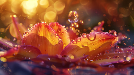 Beautiful close-up gerbera flower with water splashing against a bright sunlight background, rasa