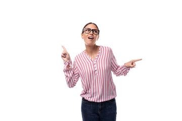 young well-groomed slender European leader woman with black hair in a light striped blouse