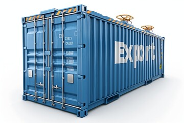 Rusty blue shipping container with Export text, high detail, isolated on white