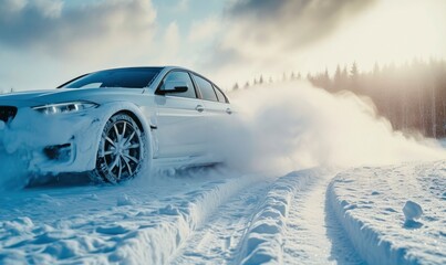 White sport car drifting on snow. Modern car in high speed race on ice. copy space fot your text.