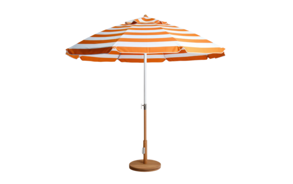 Orange and White Striped Umbrella. An orange and white striped umbrella is securely placed on a wooden stand under clear skies. on a White or Clear Surface PNG Transparent Background.