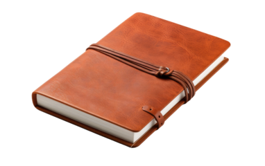 A brown leather journal with a string attached to keep it securely closed. The journal appears worn and well loved, showcasing its use. on a White or Clear Surface PNG Transparent Background.