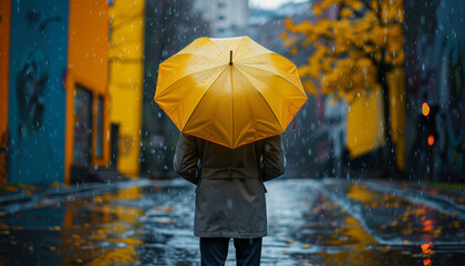 A man with a yellow umbrella in the rain.