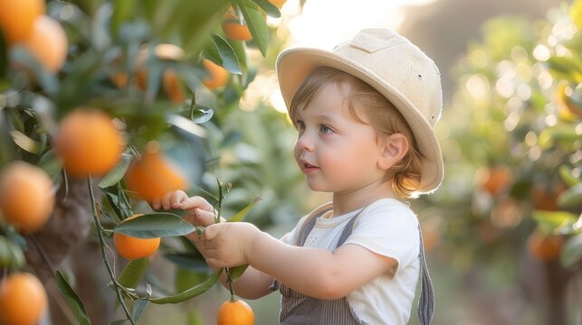 Little boy picking oranges in the orange garden, AI generated Image
