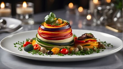 Create a stunning 8K ultra-realistic food photograph featuring ratatouille crafted in molecular...