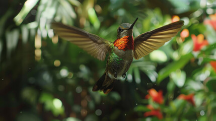 Fototapeta premium A hummingbird flies through the air, showcasing its vibrant plumage as its wings spread wide in a powerful display of flight