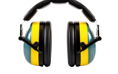 A pair of yellow and black ear defenders resting on a table. The bright yellow color contrasts with the sleek black design. on a White or Clear Surface PNG Transparent Background.
