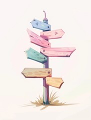 beautiful signpost with 5 signs pointing into different directions, dreamy children's book illustration style, white background, flat colors,