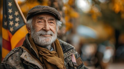 Fototapeta premium an old veteran in a wheel cheer with an american flag and being happy