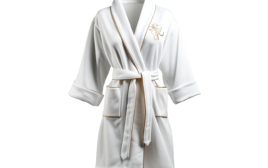 White Robe. The robe is made of soft, lightweight fabric with a comfortable fit, suitable for lounging or getting ready. on a White or Clear Surface PNG Transparent Background.