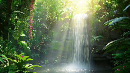 Fototapeta premium Beautiful waterfall with tropical plants and flowers with bright sunlight, a paradise place