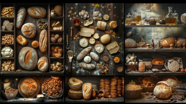 An image of a variety of breads and nuts in wooden shelves.