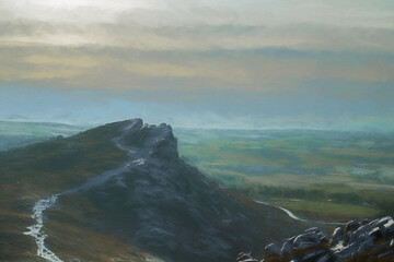 The Roaches. A digital oil painting of a winter landscape in the Peak District National Park, UK.