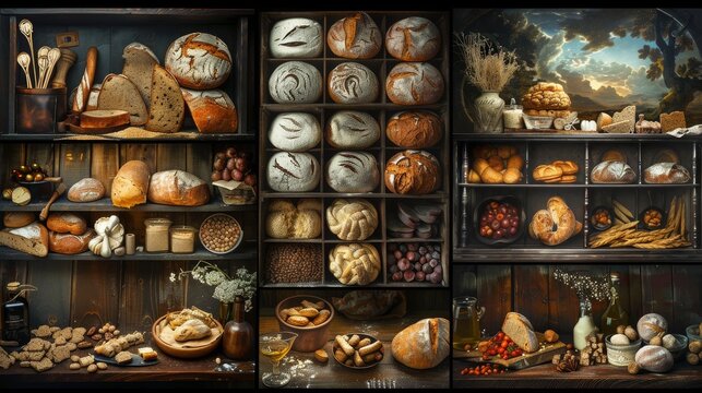 An image of a bakery with shelves full of different kinds of bread and pastries.