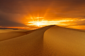 Sunset over the sand dunes in the desert. Rub' al Khali desert - obrazy, fototapety, plakaty