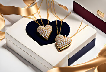 Two golden and diamond heart necklaces on white velvet pyxis