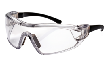 Pair of Safety Glasses. The glasses feature clear lenses and black frames, showcasing their sturdy and protective design. on a White or Clear Surface PNG Transparent Background.
