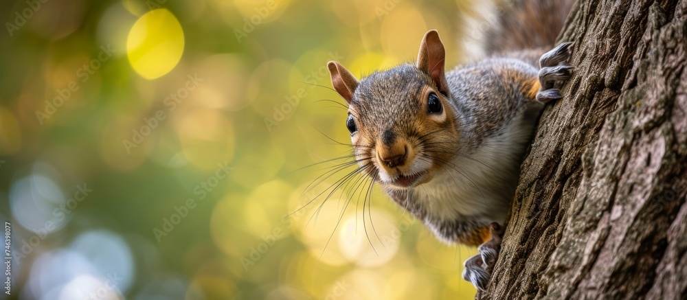 Sticker Curious squirrel peeking out from behind the tree in a cute and playful manner