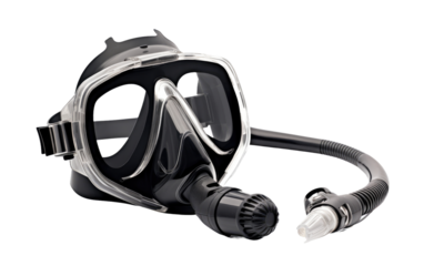 A scuba mask equipped with a breathing device is shown in the image. The device allows the diver to breathe underwater. on a White or Clear Surface PNG Transparent Background.