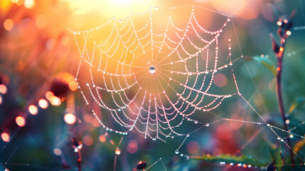 A spider web with dewdrops against the sunrise background
