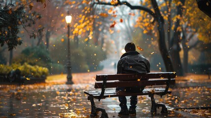 Sad man sitting in the park alone in the rain, AI generated Image - obrazy, fototapety, plakaty