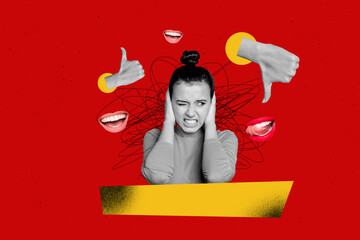 Photo of painful headache girl art collage when she cover ears feel stressed different meanings...
