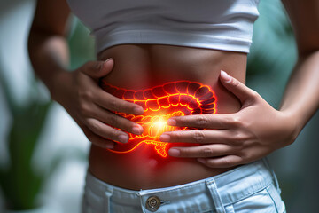 person with pain in his stomach, body with pain in the stomach, man holding his stomach, person with a stomach pain, person with pain, stomach pain - obrazy, fototapety, plakaty