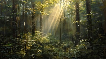 Abstract forest in sun rays icon. Forest, sunbeam, enchanting, radiant, sunlight, beams, woodland, nature, landscape. Generated by AI