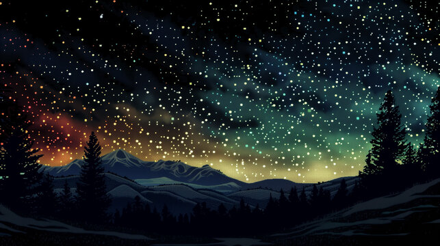 Art Night Sky with Starry Mountains and Forest.