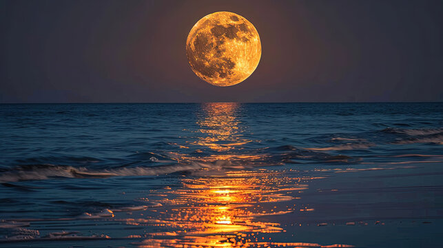 A full moon shining brightly in the night sky above calm ocean waters