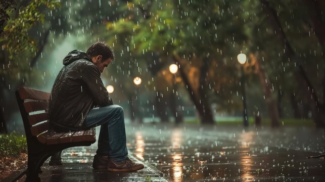 Sad man sitting in the park alone in the rain, AI generated Image