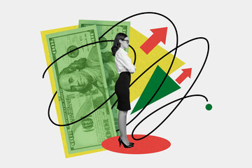 Collage contemporary art of young business woman folded hands motivated make much more profit usd...
