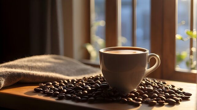 As the morning sun streams through the window, a cup of coffee with beans sits on the windowsill, casting a warm glow on the room. The beans glisten in the light, promising a delicious and energizing 
