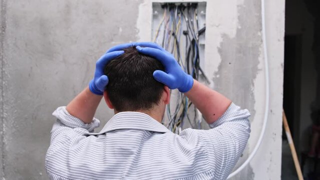 Male electrician perplexed dumbfounded installing cables and wires in a new electrical enclosure