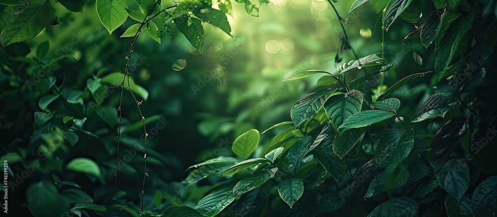 Poster a dense forest showcasing an abundance of green foliage with numerous leaves of varying sizes. the l
