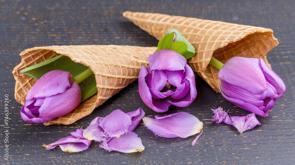 Poster a couple of flowers are placed inside a cone-shaped container, creating a simple and elegant display