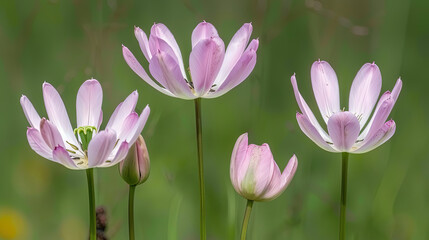 Obraz premium Pink flowers in a group, resting on a vibrant green field under a bright sky