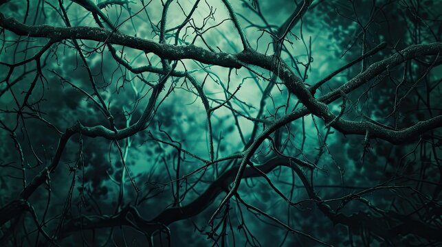 Abstract twisted vines and thorns entangled in darkness. Sinister, eerie, tangled, creepy, wild, overgrown, shadowy, vegetation, mysterious, tangled, menacing. Generated by AI.