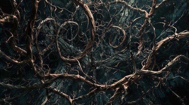Abstract twisted vines and thorns entangled in darkness. Foliage, creepy, tangled, spooky, wild, nature, mysterious, shadowy, overgrown. Generated by AI.