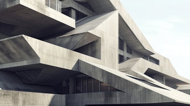 Brutalism construction of houses. Modernism, urban design, geometric shapes, minimalist aesthetic, architectural style, concrete buildings, cityscape. Generated by AI.