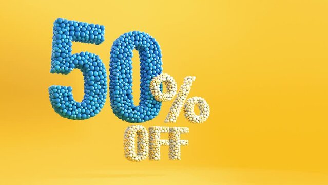 50 percent off price reduction isolated on yellow background. Animation of 50% percent discount offer.