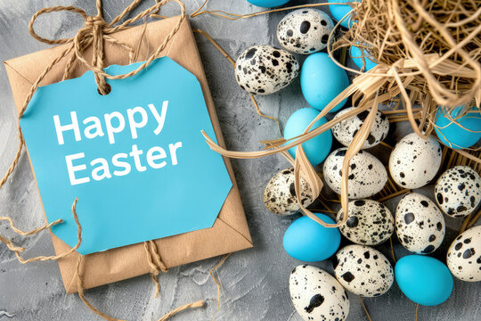 A blue sign that reads Happy Easter placed next to various decorated eggs. The eggs are colorful and festive, adding to the joyful Easter theme