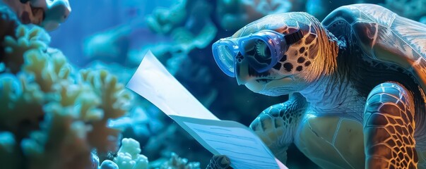 A sea turtle as an environmental scientist in the coral reefs, researching ocean health