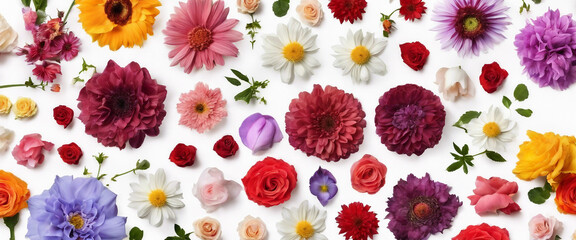 Set of different beautiful flowers on white background. Banner design