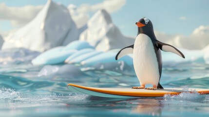 Obraz premium Penguin on a surfboard, crisp Antarctic background, 3D , embodying adventure, minimalistic design