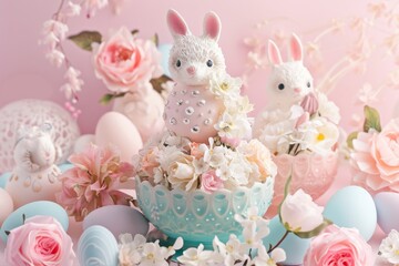 An Easter greeting card featuring a charming Easter bunny and beautifully painted eggs in soft pastel hues