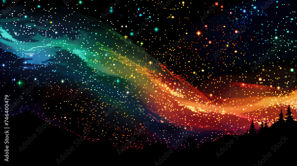 Wall mural Vibrant night sky with stars and nebula over a silhouetted horizon.